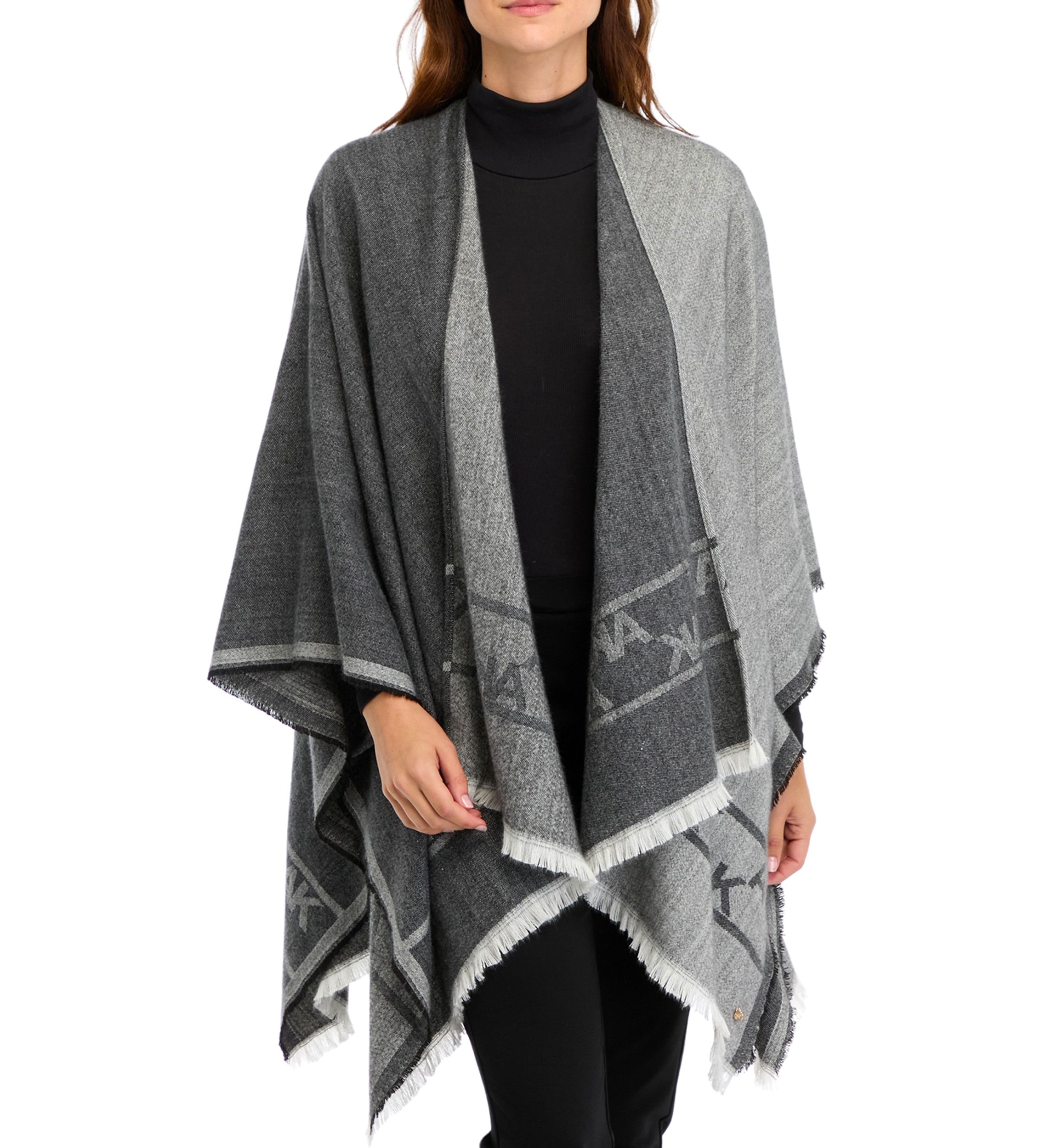 Womens Two Tone Fringe Hem Jacquard Knit Ruana