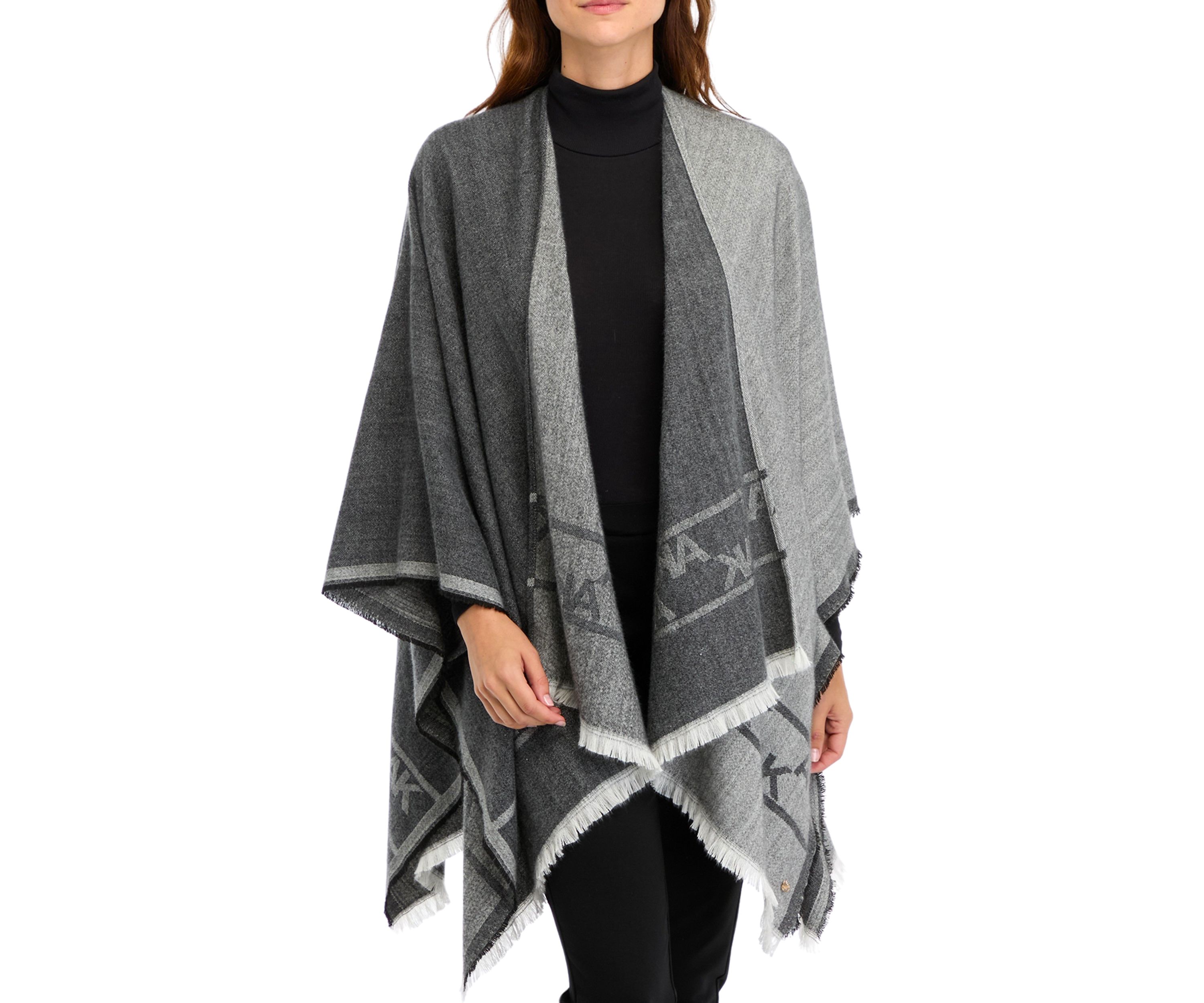 Womens Two Tone Fringe Hem Jacquard Knit Ruana