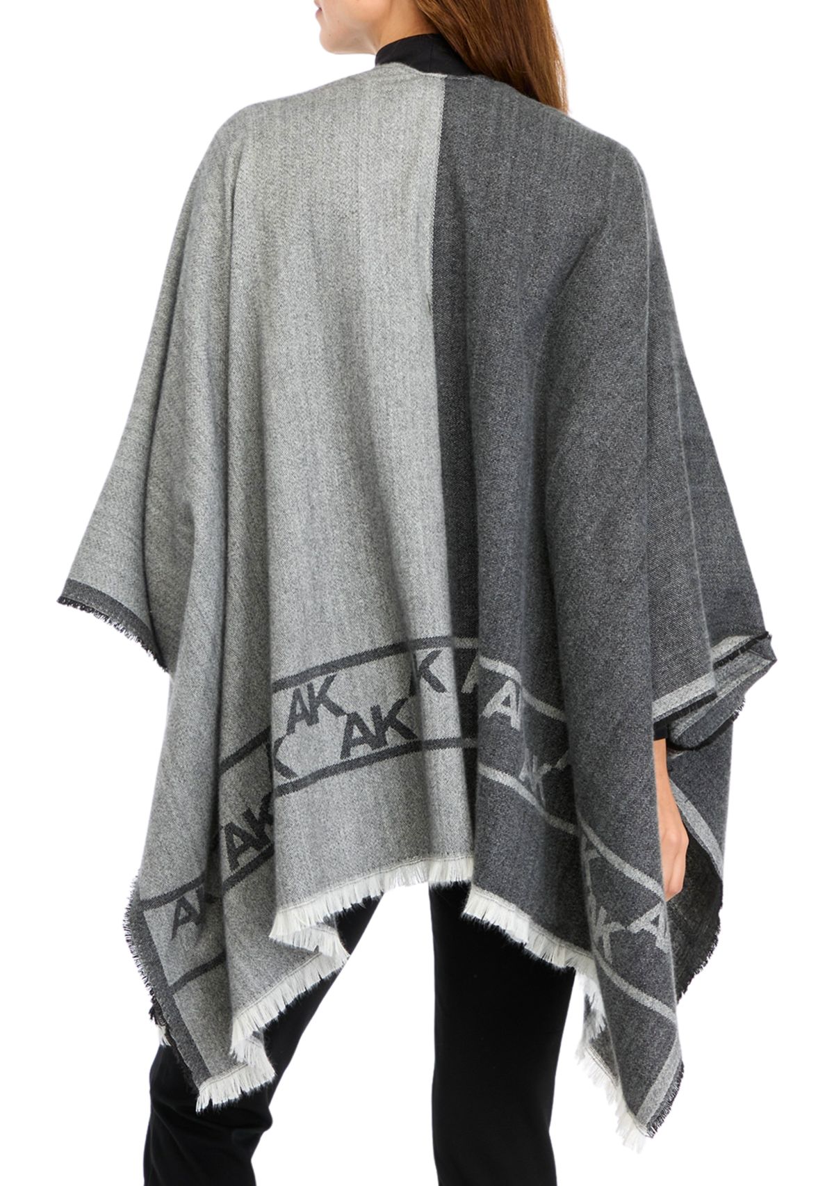 Womens Two Tone Fringe Hem Jacquard Knit Ruana