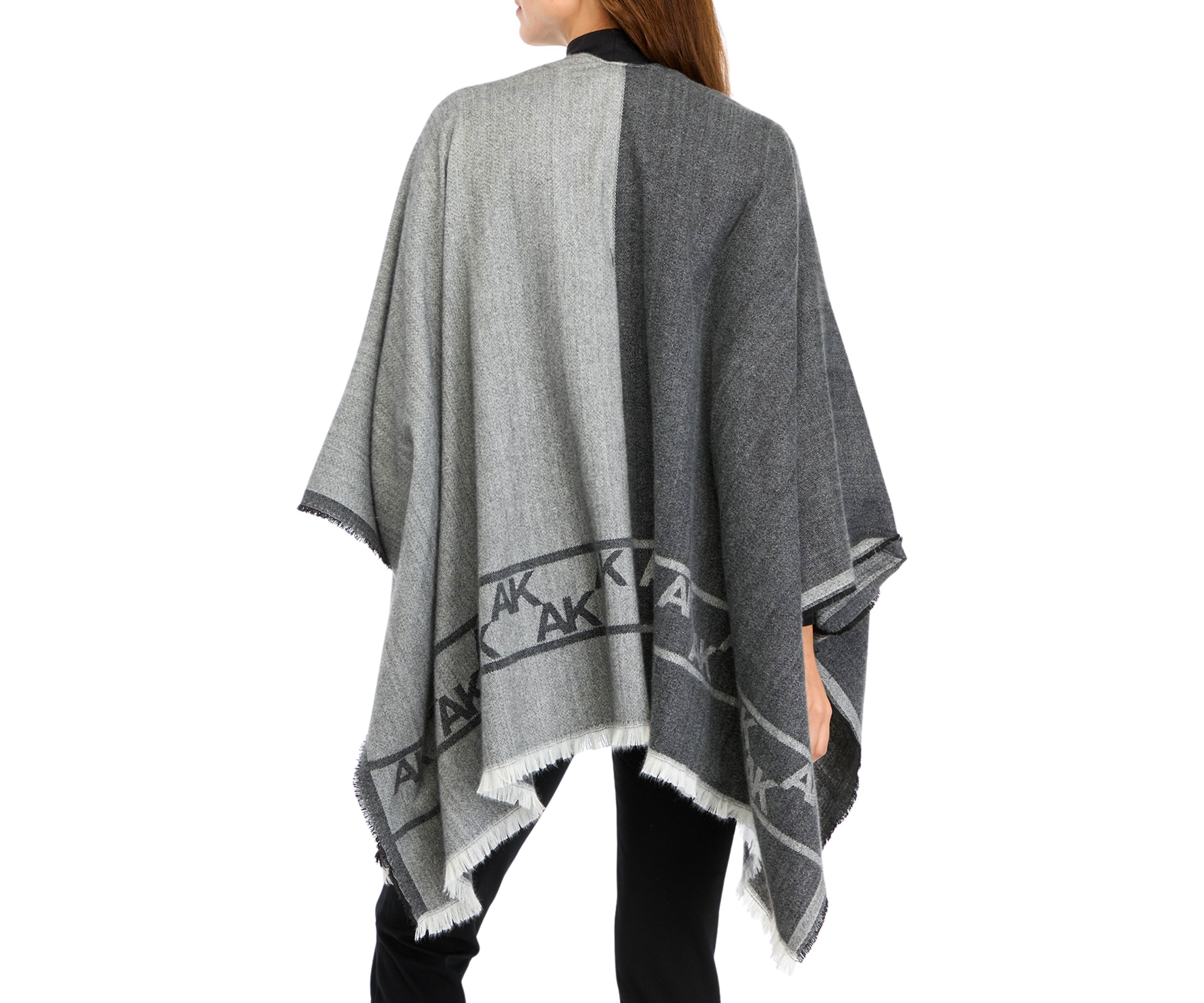 Womens Two Tone Fringe Hem Jacquard Knit Ruana