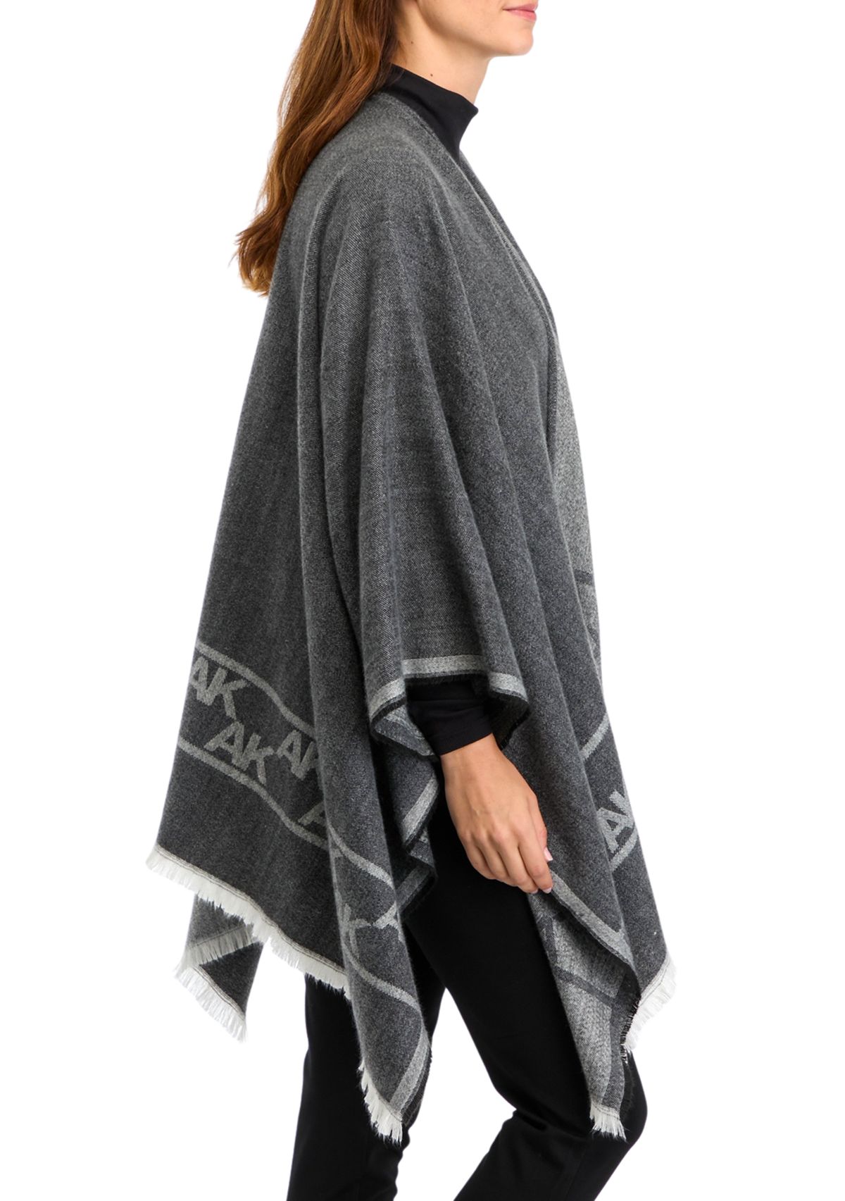 Womens Two Tone Fringe Hem Jacquard Knit Ruana