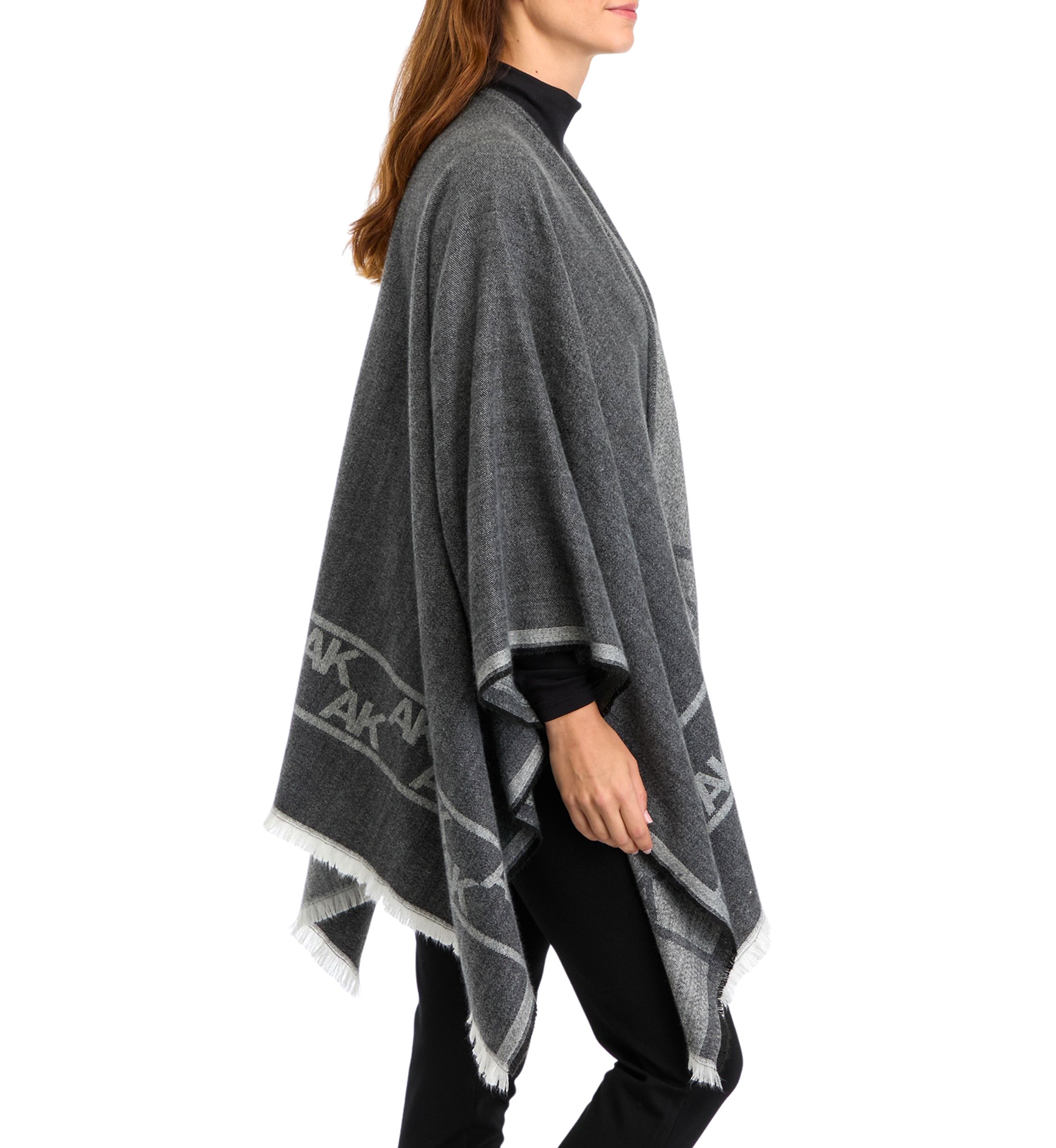 Womens Two Tone Fringe Hem Jacquard Knit Ruana