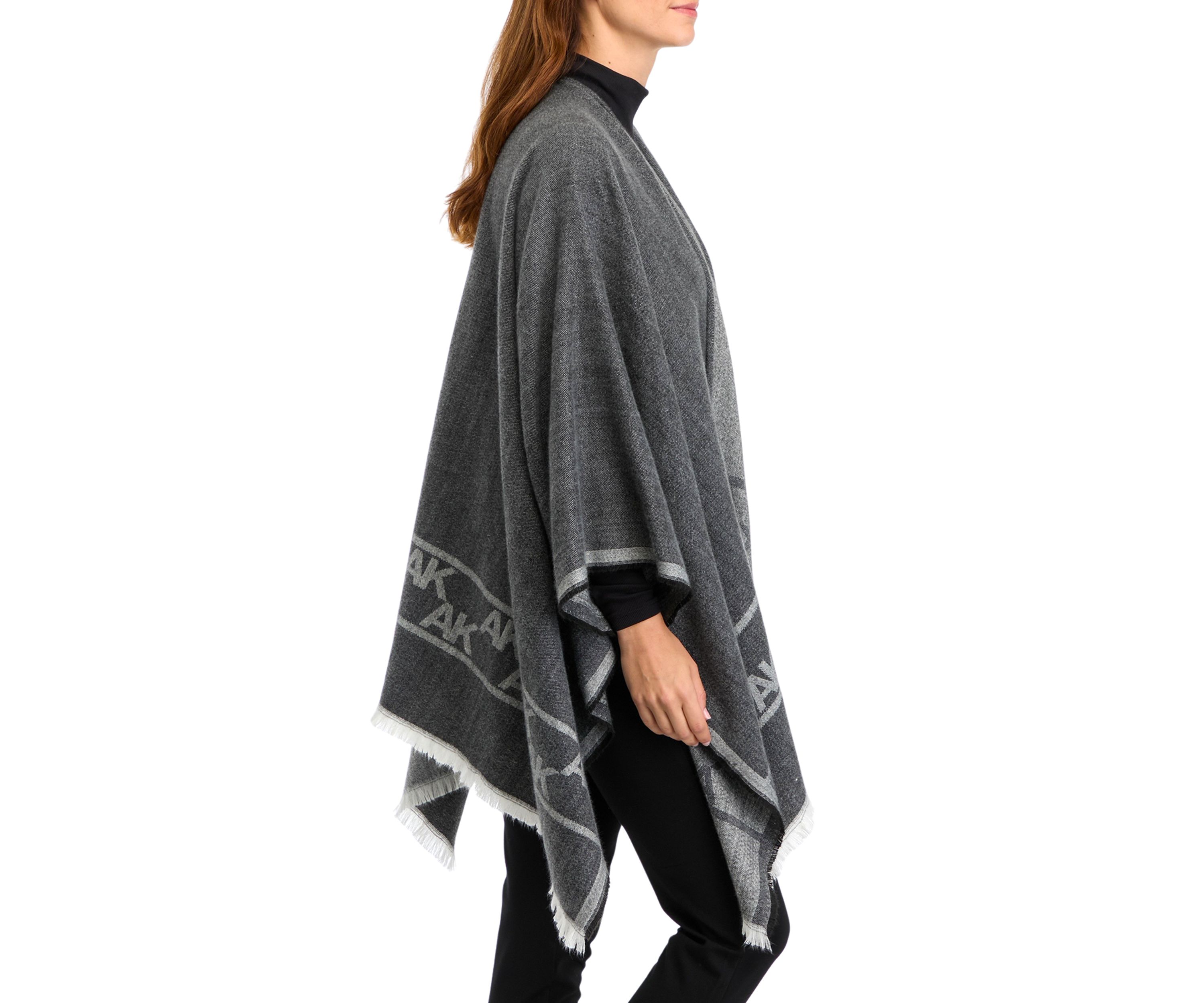 Womens Two Tone Fringe Hem Jacquard Knit Ruana