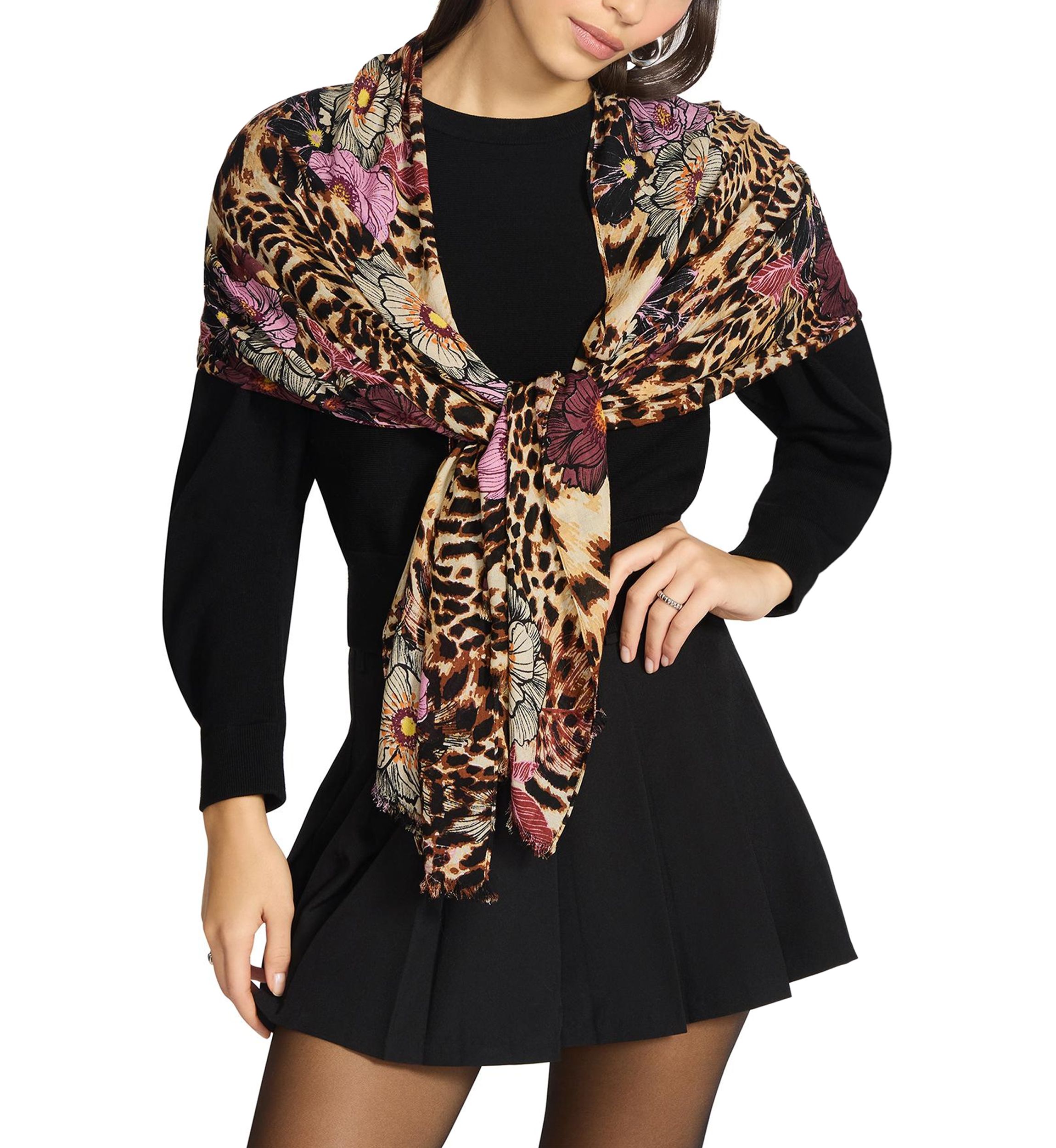 Floral Leopard Printed Oblong Scarf