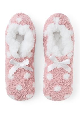 Cuddl Duds Women's Polka Dot Cozy Faux Shearling Lined Ballerina Slipper Socks with Satin Bow, 9 - 11