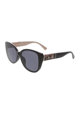 Anne Klein Women's Rounded Modern Cat Eye Sunglasses with Metal Bar Decos, Black