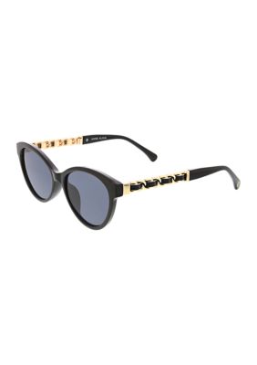 Anne Klein Women's Slim Cat Eye Sunglasses with Braided Chain Link Metal Temples, Black