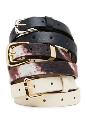 Madden Girl Women's Polyurethane Leather, Faux Hair Calf Trio Belt Set