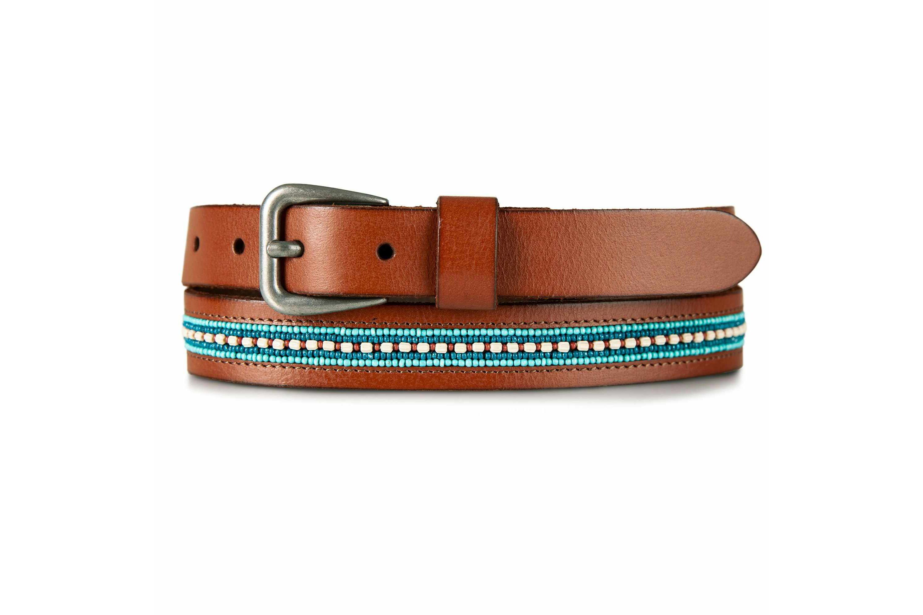 Turquoise Beaded Stripe Leather Belt