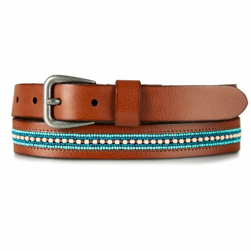 Turquoise Beaded Stripe Leather Belt