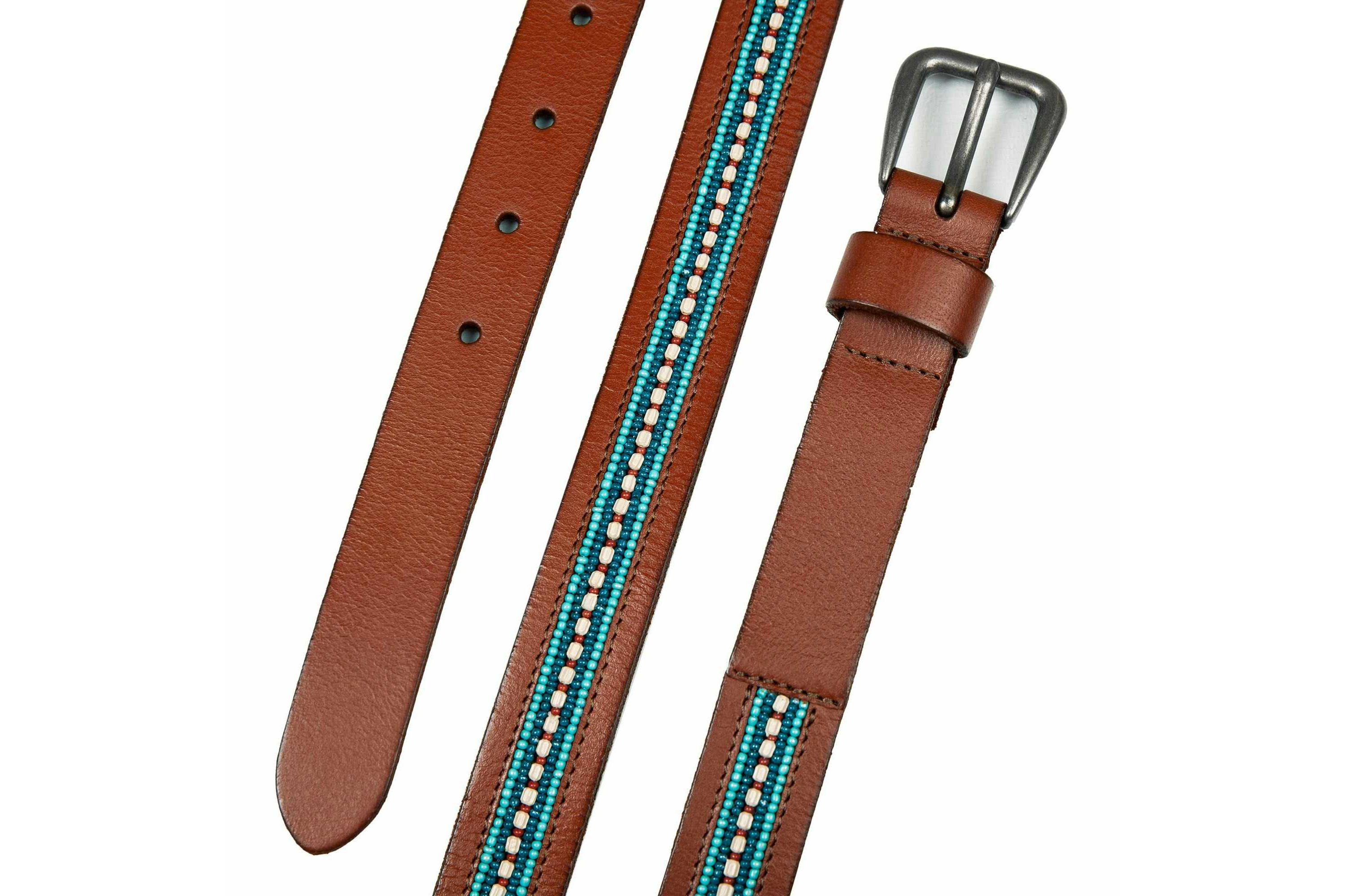 Turquoise Beaded Stripe Leather Belt