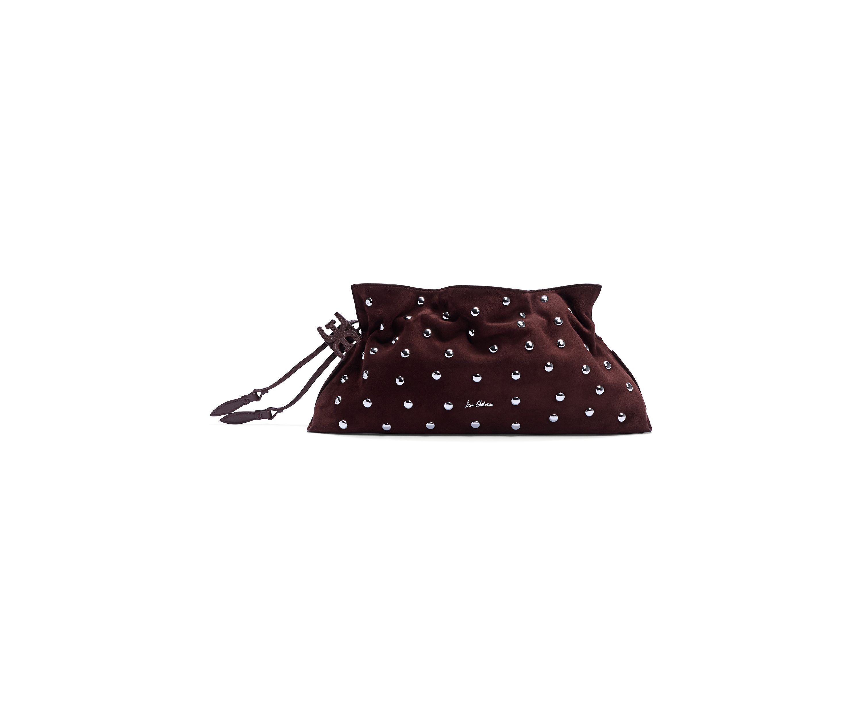 Poppy Oversized Drawstring Clutch - Studded Suede