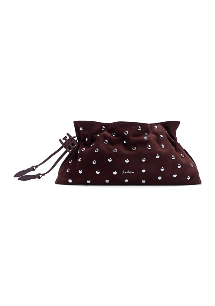 Poppy Oversized Drawstring Clutch - Studded Suede