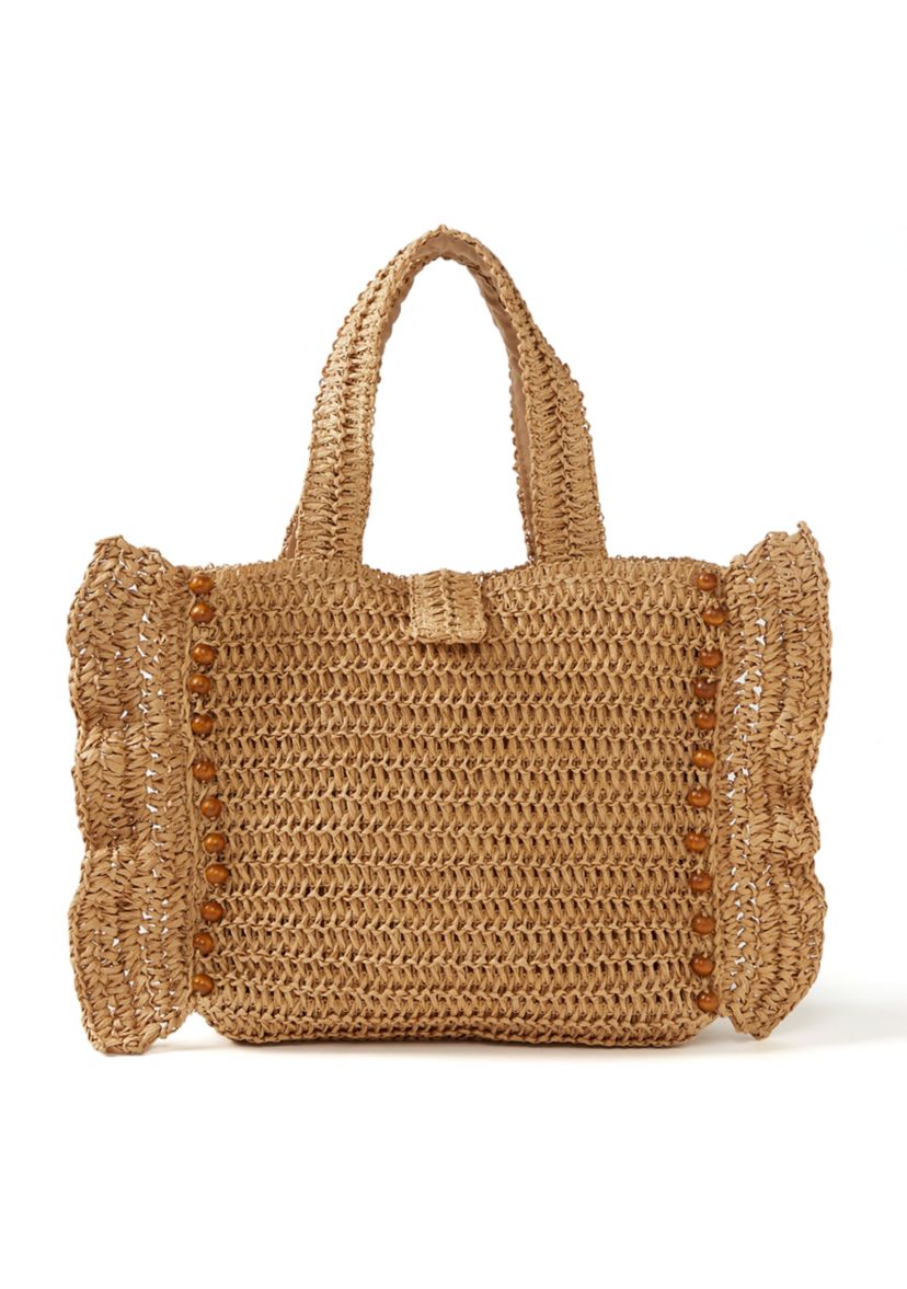 Wood Beaded Ruffle Tote