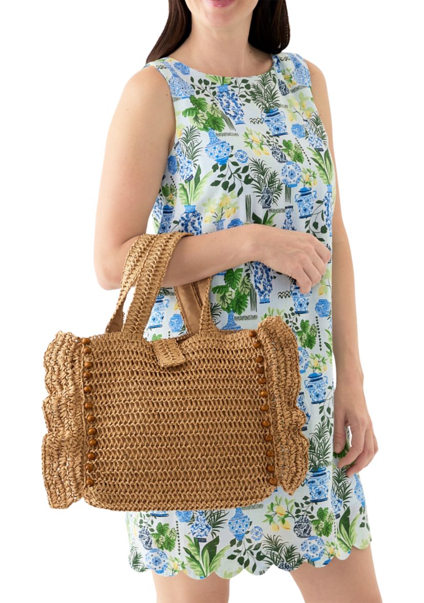 Wood Beaded Ruffle Tote
