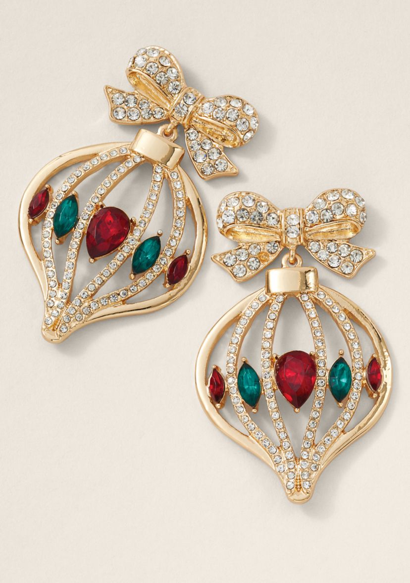 Gold Tone 54MM Pave Bow Ornament Drop Earrings