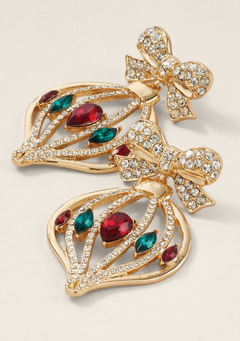 Gold Tone 54MM Pave Bow Ornament Drop Earrings