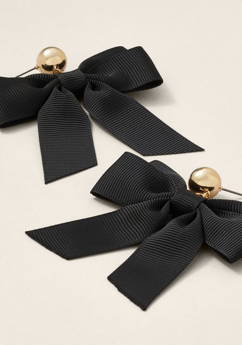 Gold Tone 57MM Black Ribbon Bow Drop Earrings