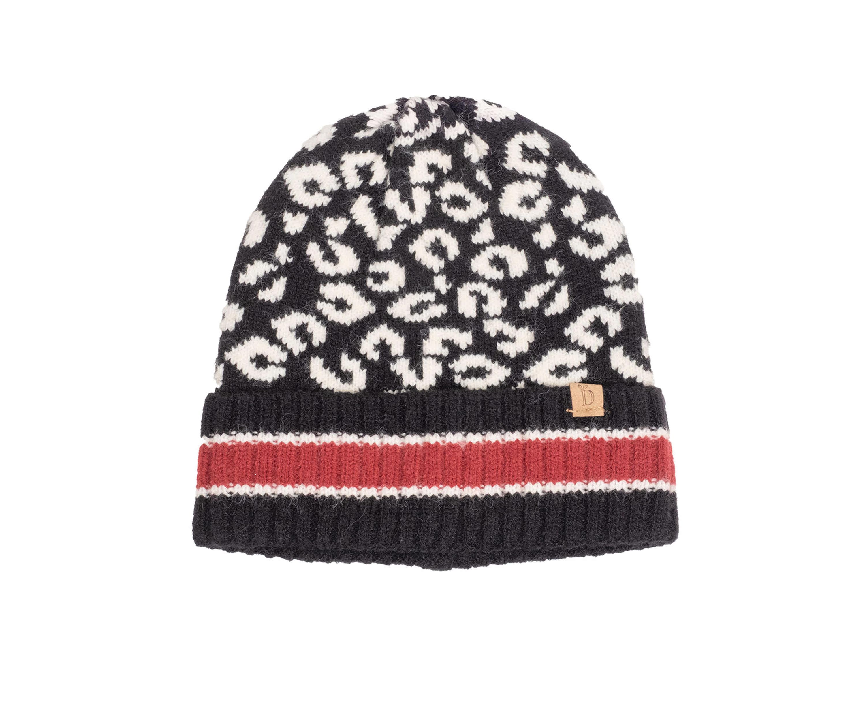 LEOPARD BEANIE WITH STRIPE CUFF