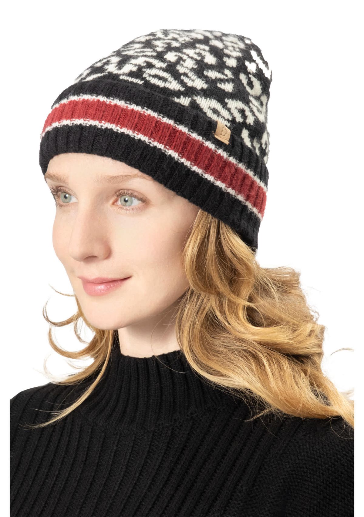 LEOPARD BEANIE WITH STRIPE CUFF