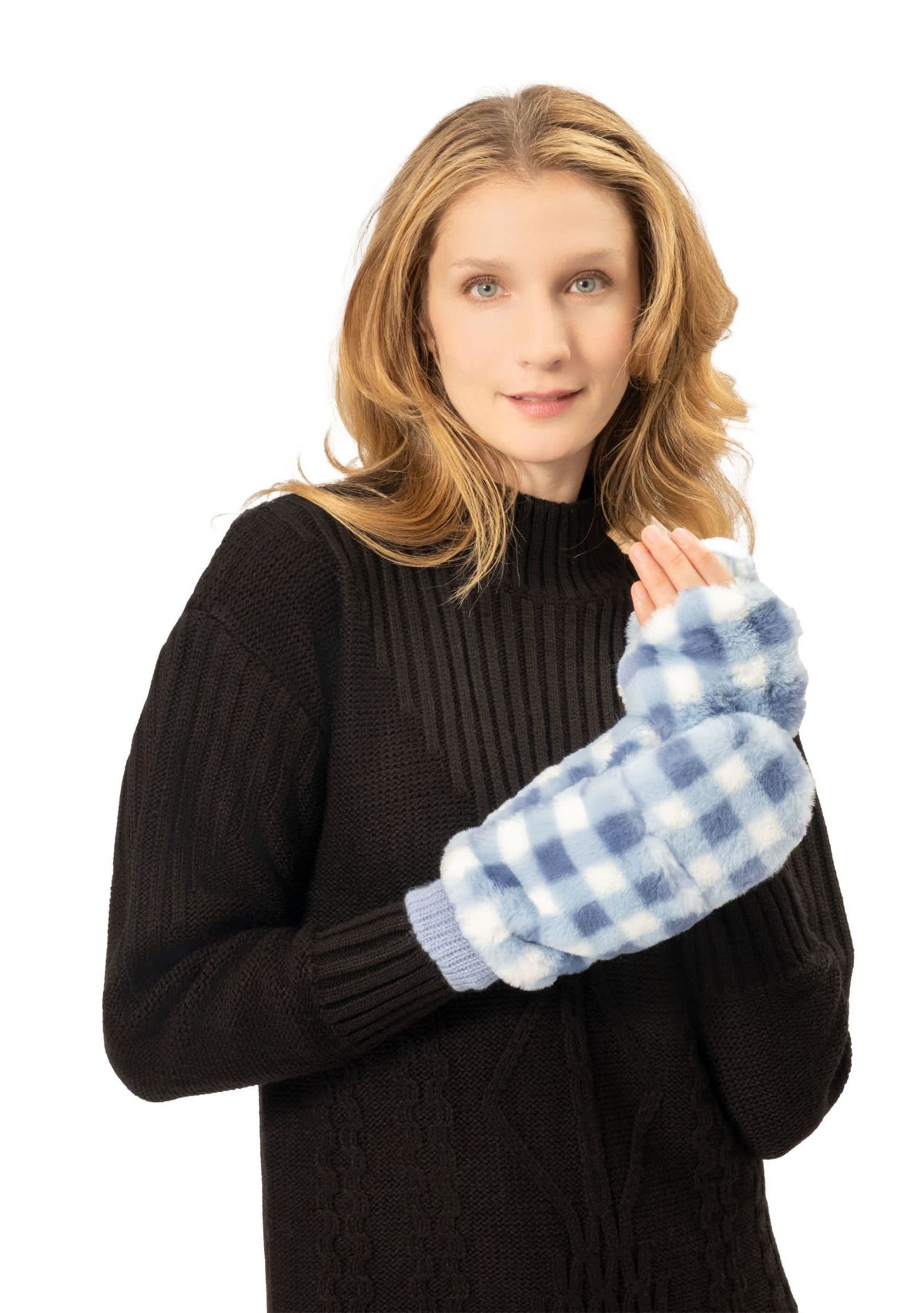 CHECKERED FAUX FUR MITTENS