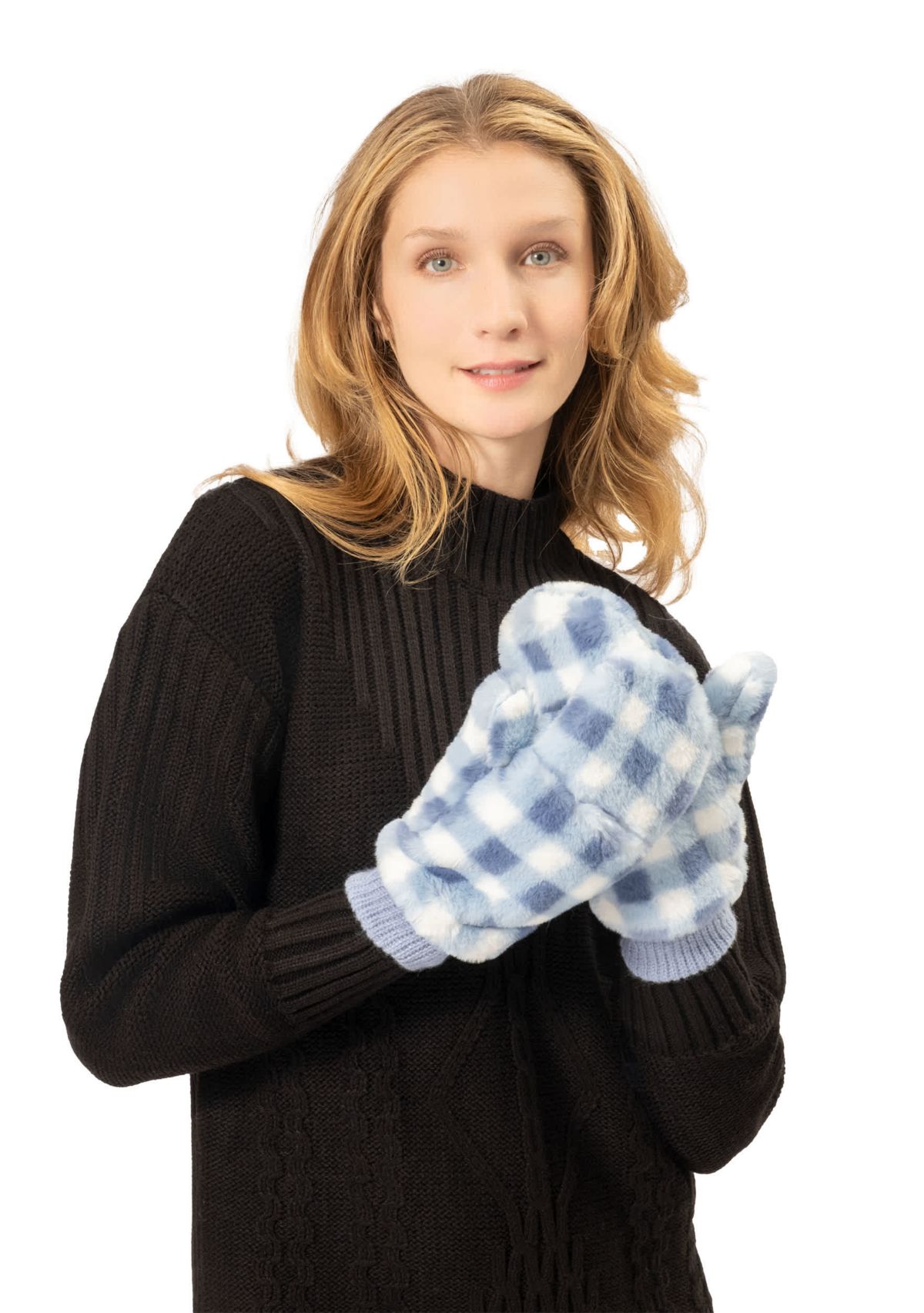 CHECKERED FAUX FUR MITTENS