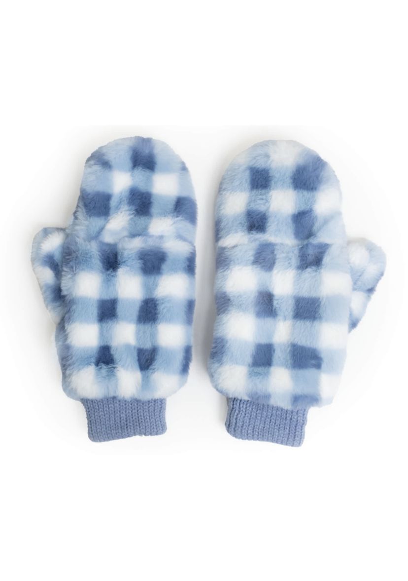 CHECKERED FAUX FUR MITTENS