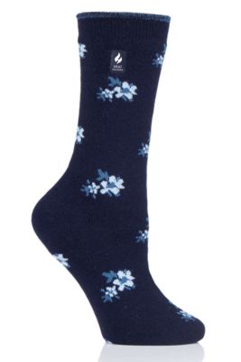 Heat Holders Women's Ultra Lite Bellis Floral Crew Sock, Navy Blue, Medium