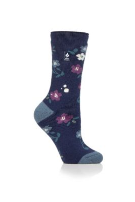 Heat Holders Women's Lite Lanuza Floral Crew Sock, Navy Blue, Medium