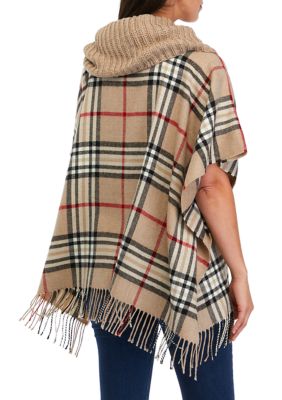 Plaid Poncho with Knit Collar