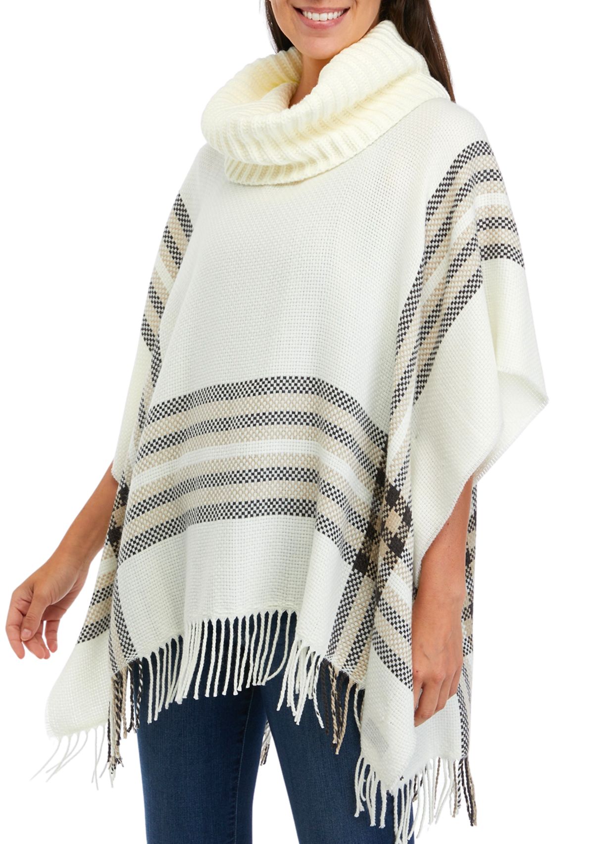 Womens Border Poncho with Knit Cowl Neck