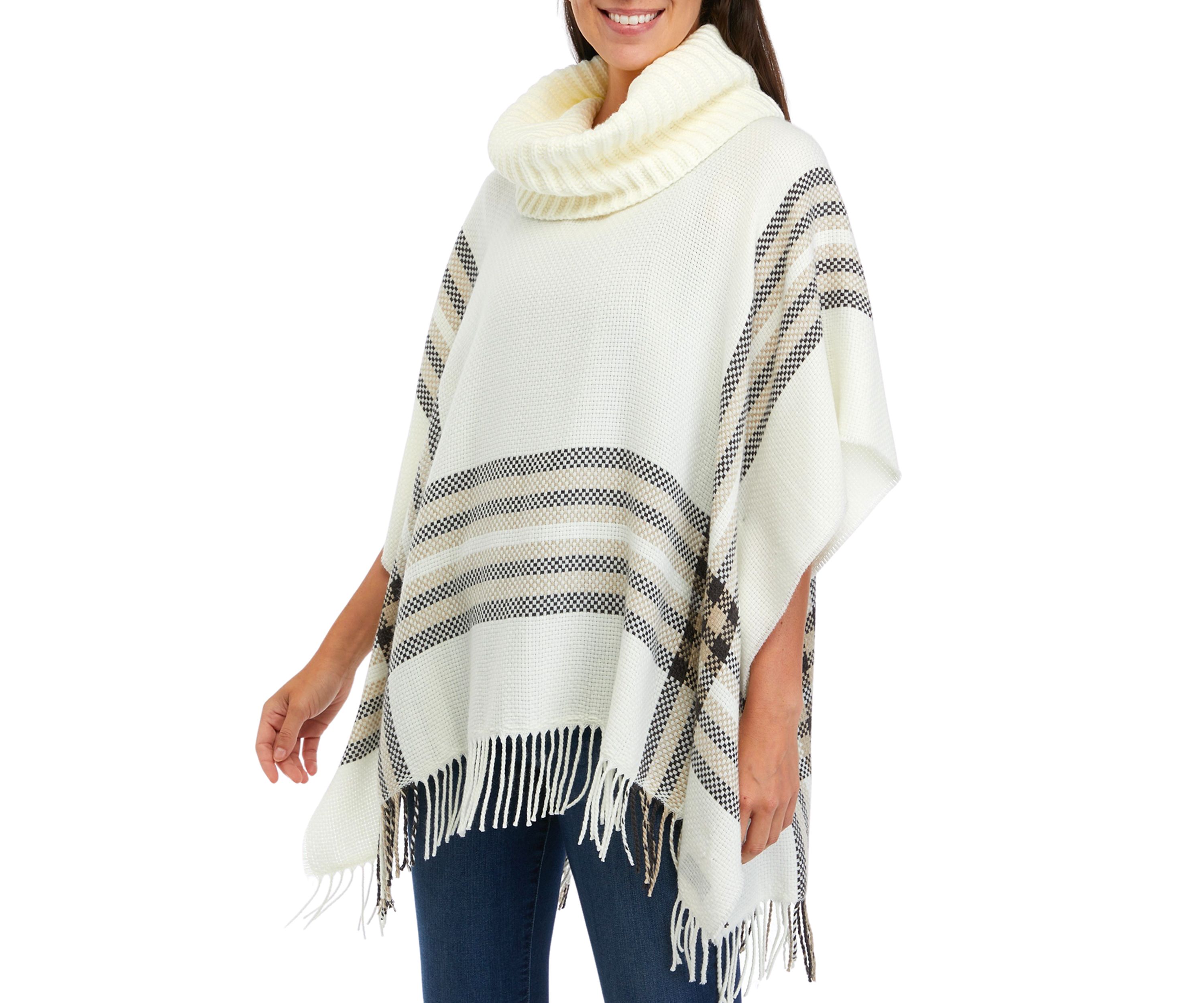 Womens Border Poncho with Knit Cowl Neck