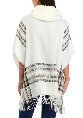 Women's Border Poncho with Knit Cowl Neck