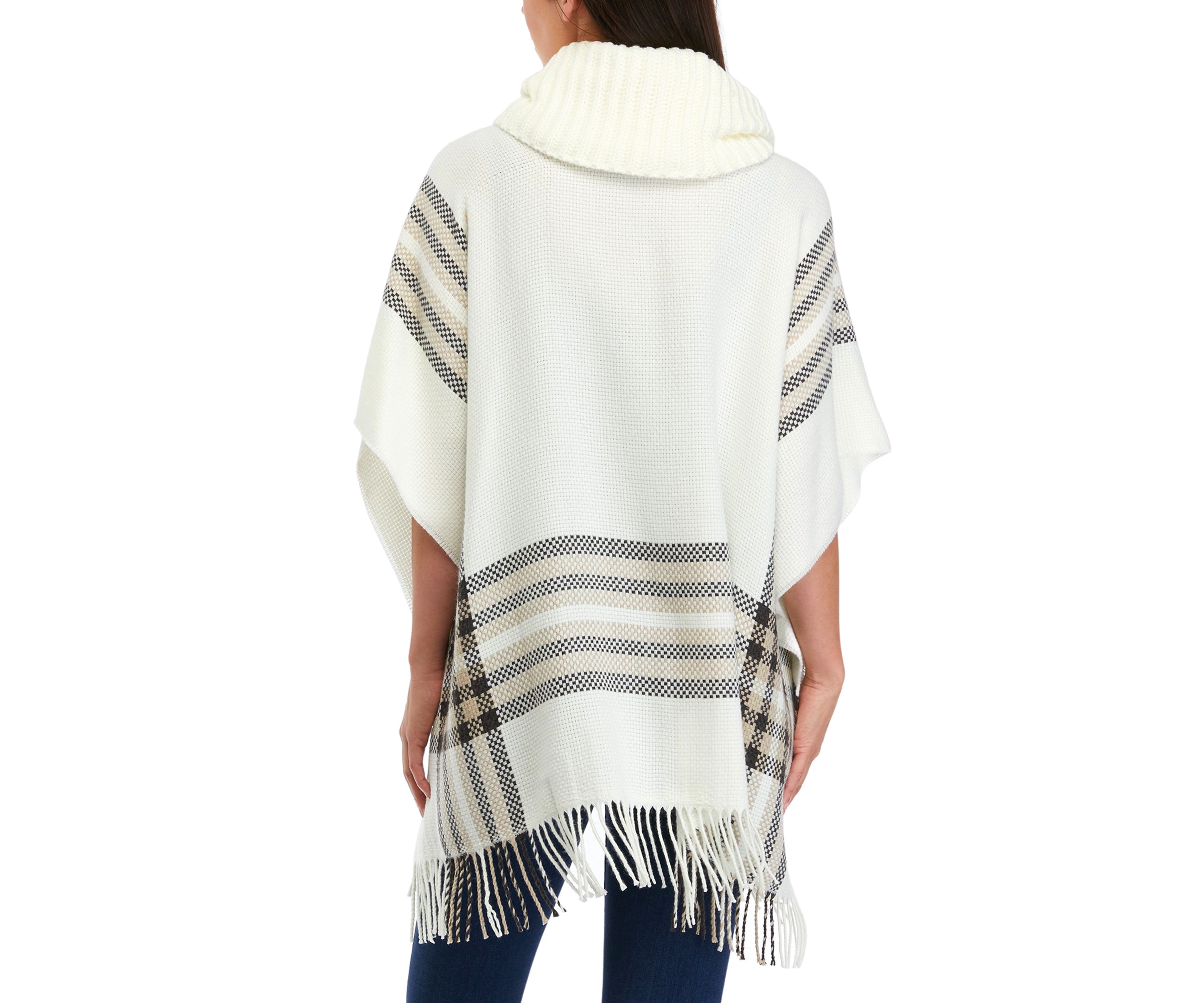 Womens Border Poncho with Knit Cowl Neck