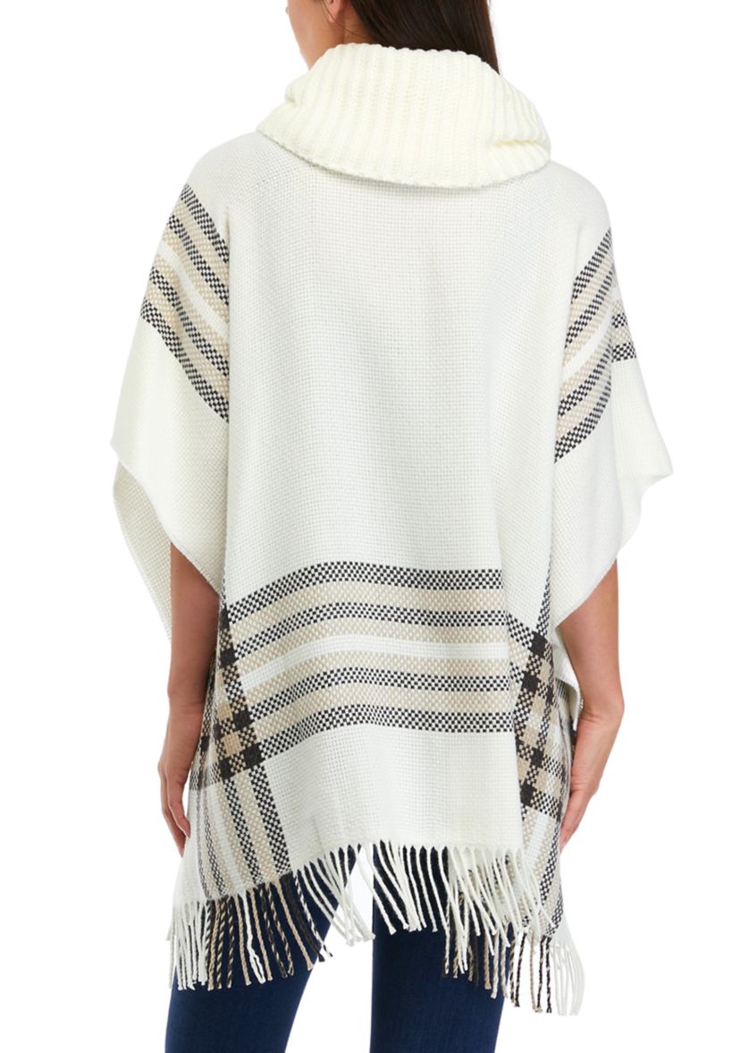 Womens Border Poncho with Knit Cowl Neck