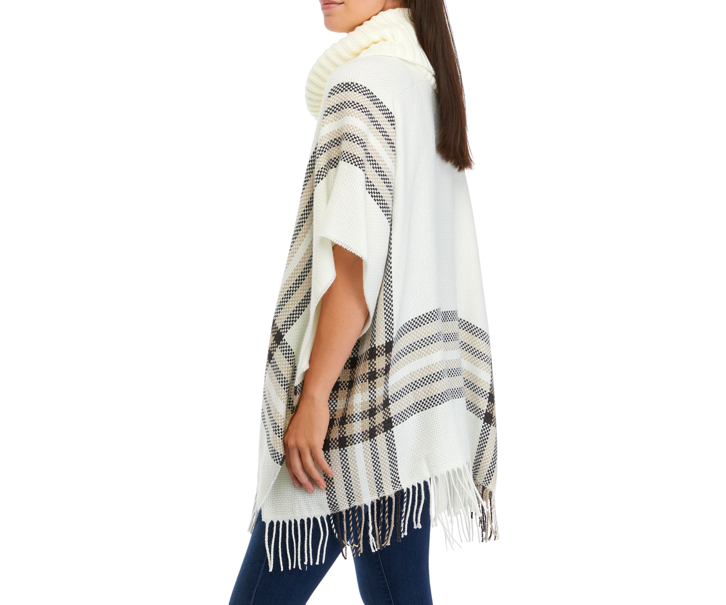Womens Border Poncho with Knit Cowl Neck