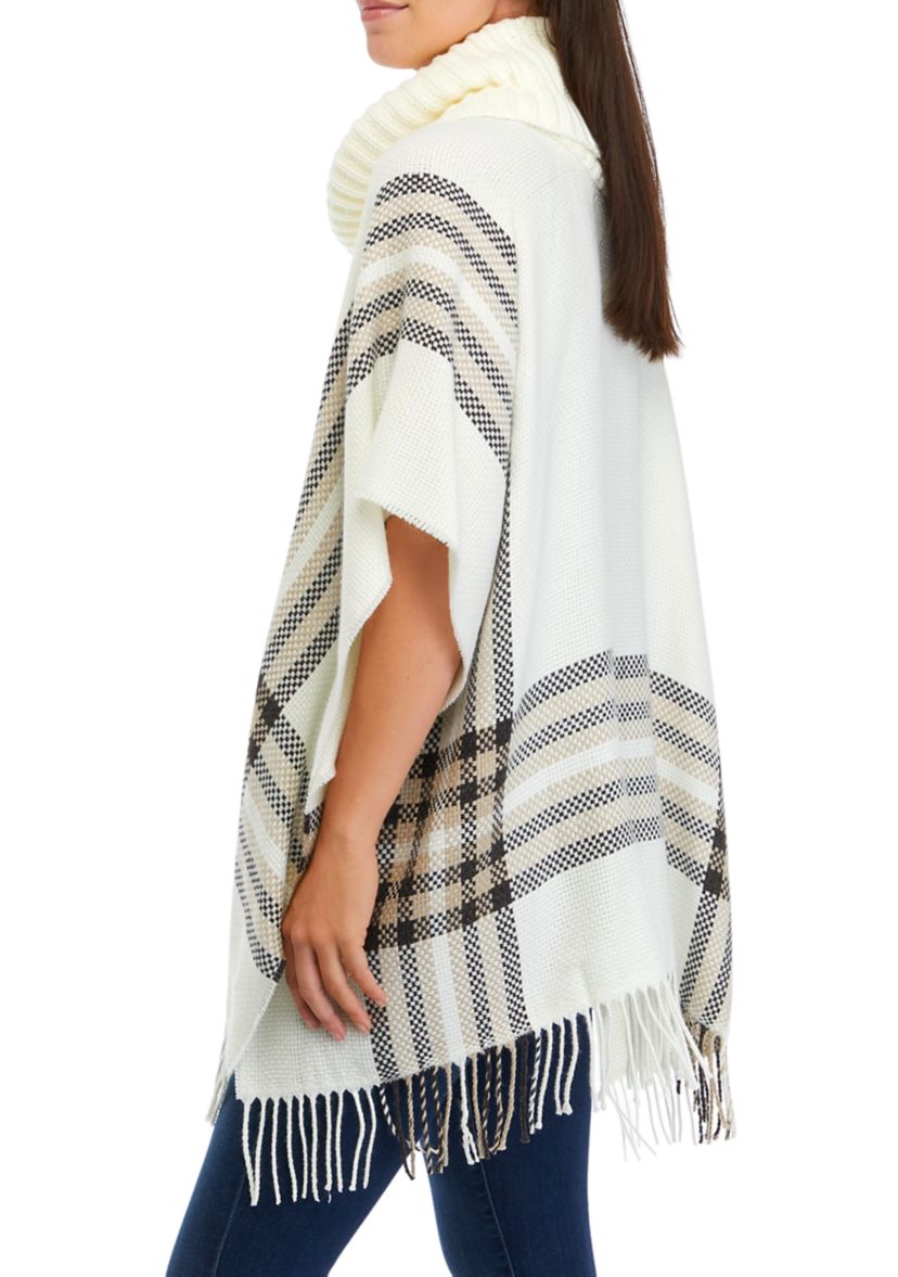 Womens Border Poncho with Knit Cowl Neck