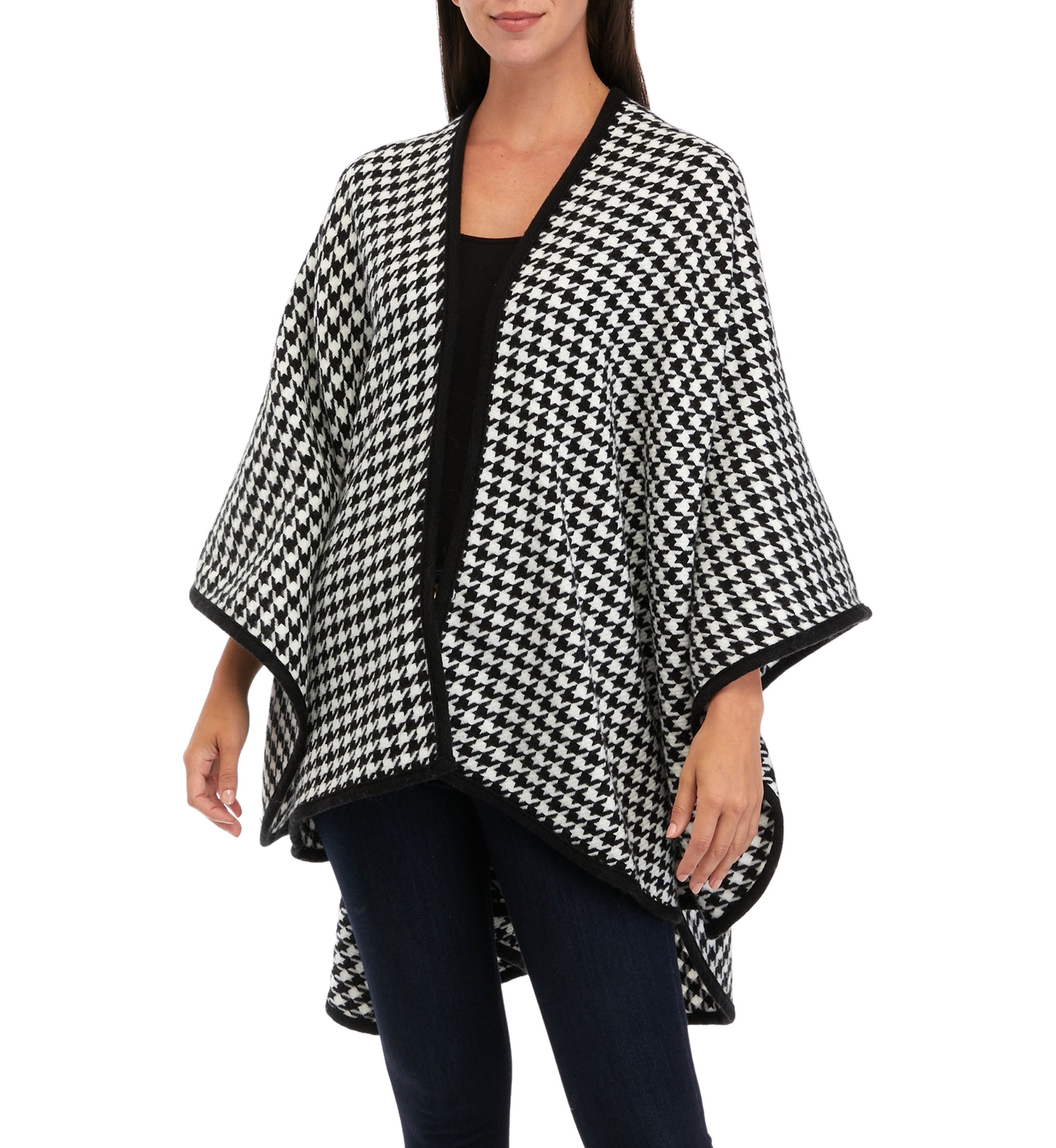 Womens Classic Houndstooth Pattern Ruana Wrap with Black Border Trim