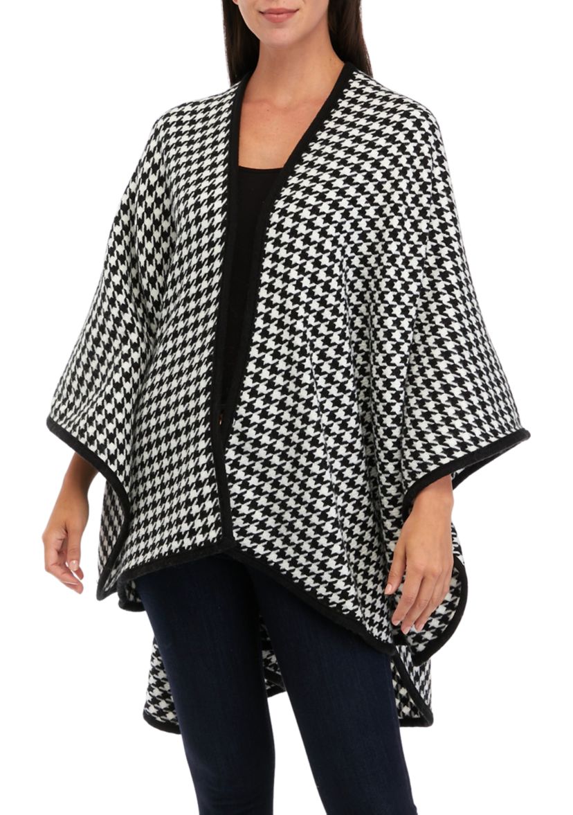 Womens Classic Houndstooth Pattern Ruana Wrap with Black Border Trim