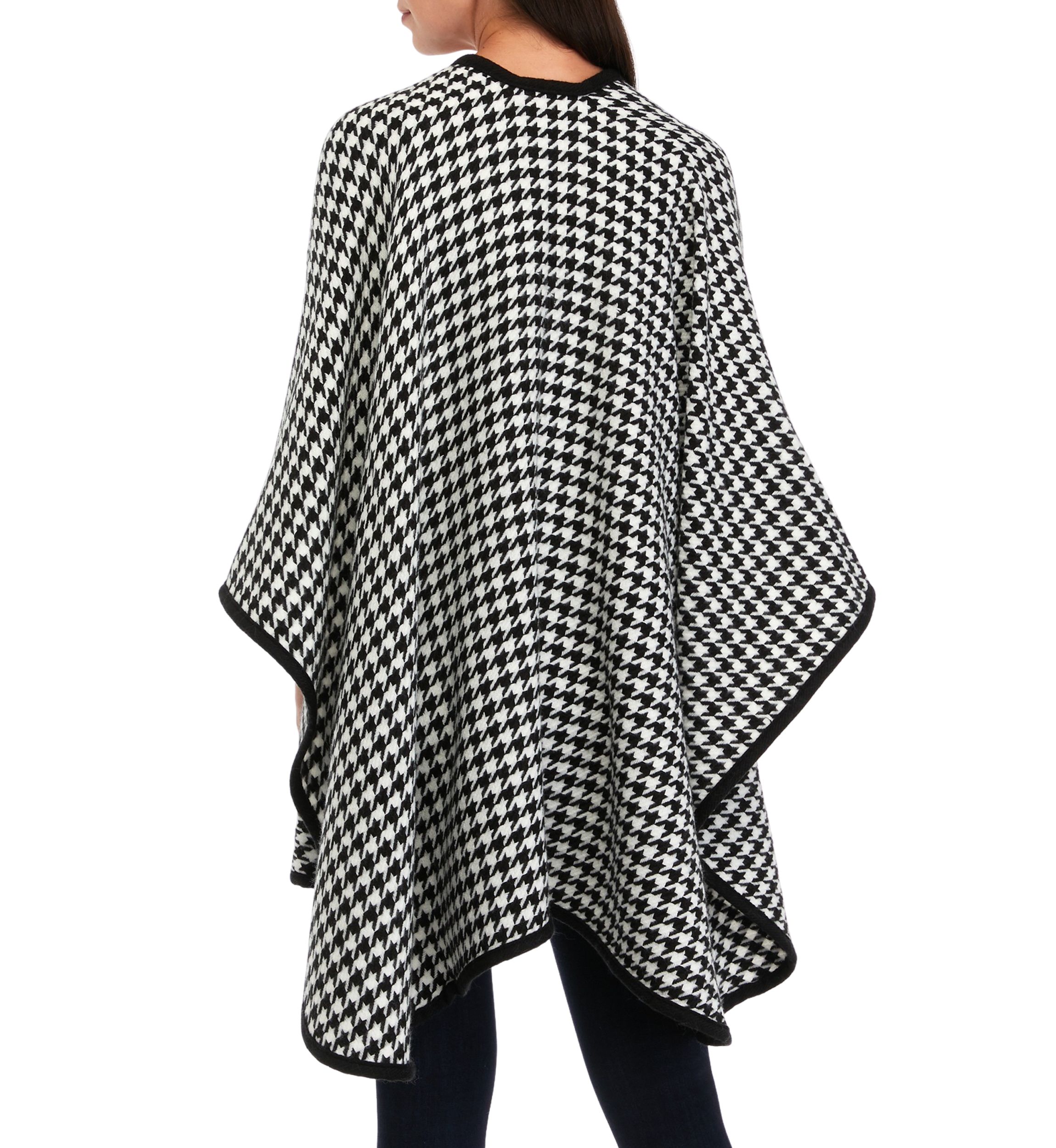 Womens Classic Houndstooth Pattern Ruana Wrap with Black Border Trim