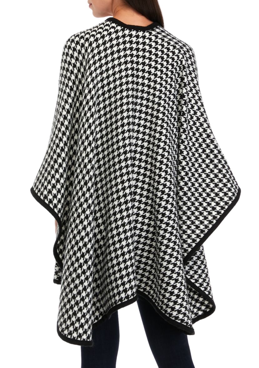 Womens Classic Houndstooth Pattern Ruana Wrap with Black Border Trim