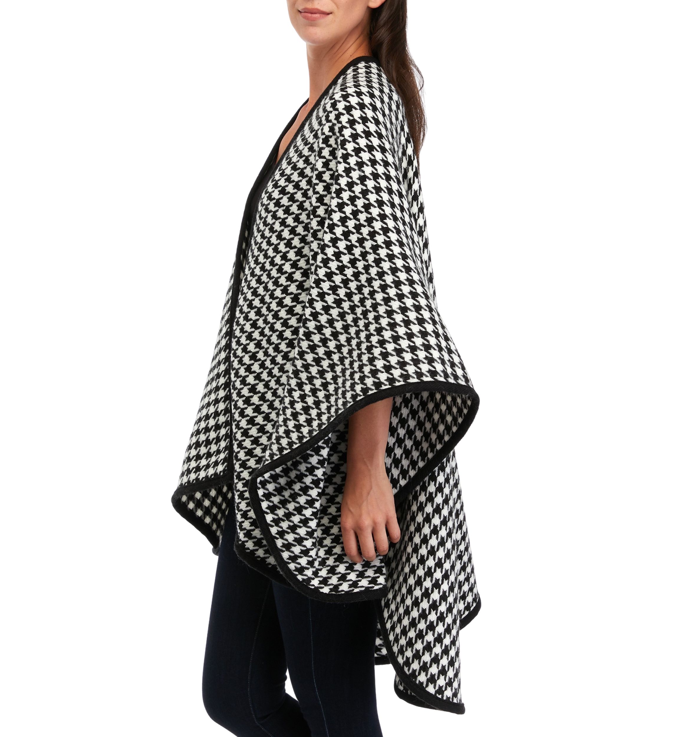 Womens Classic Houndstooth Pattern Ruana Wrap with Black Border Trim