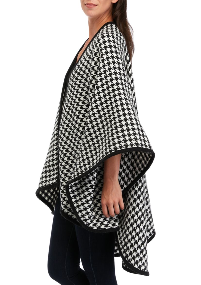 Womens Classic Houndstooth Pattern Ruana Wrap with Black Border Trim