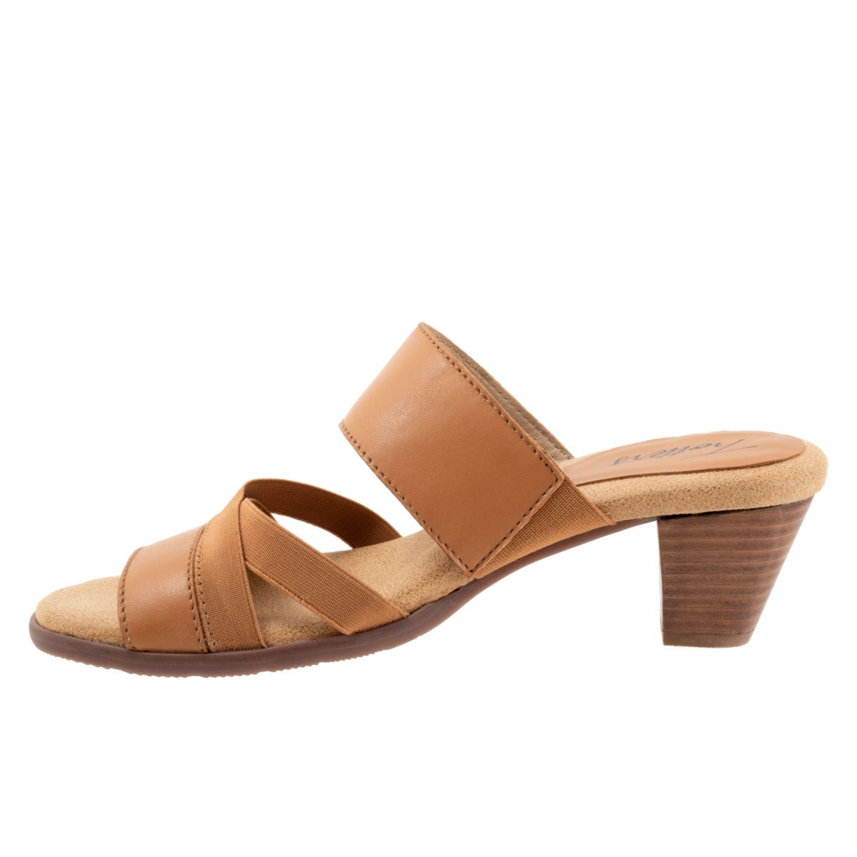 The Maxine has crossing stretch straps as well as an elastic v-gore for a comfortable fit. Maxines easygoing style and stacked heel keeps thing playful and chic.