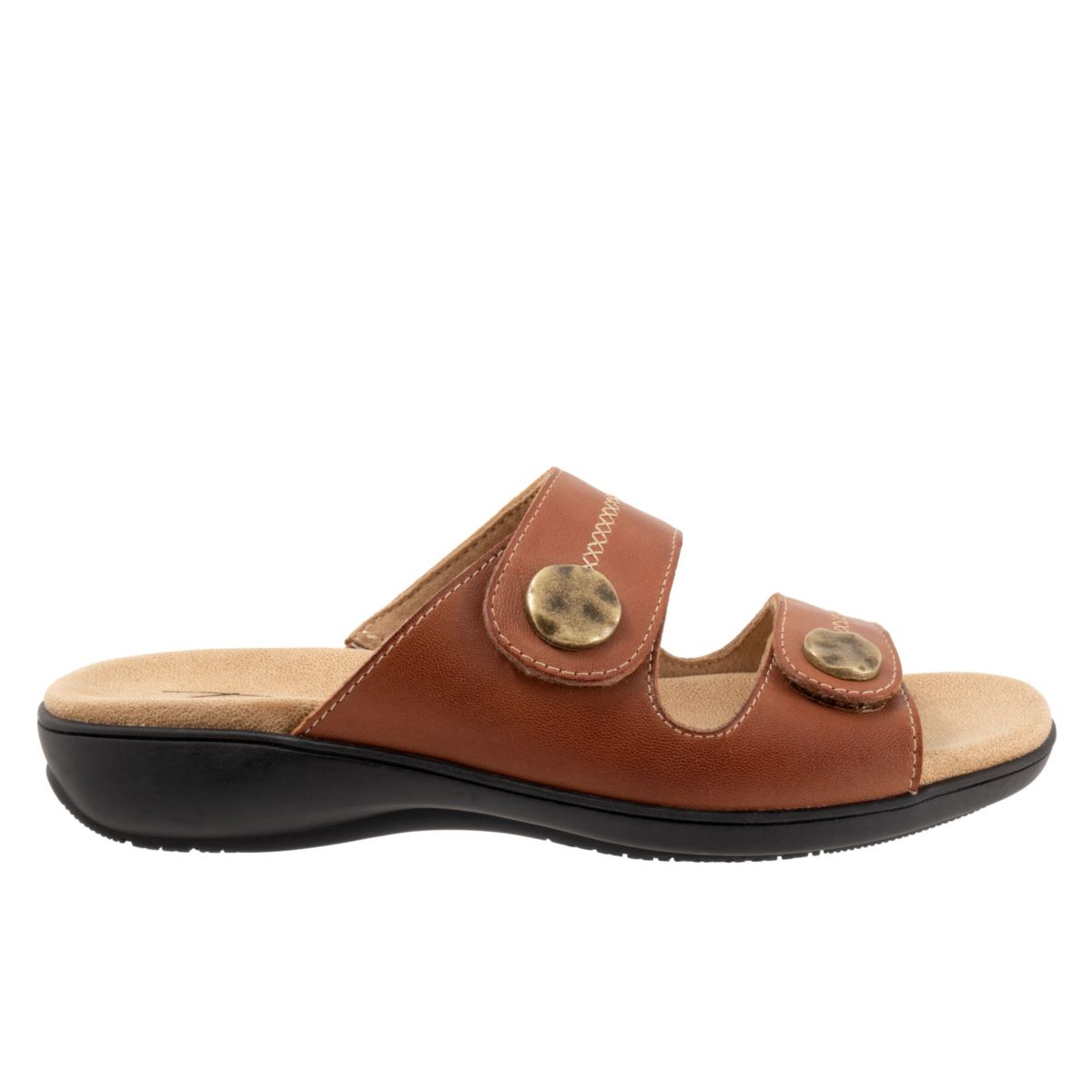 The Ruthie Stitch sandal has everything you love (fully adjustable straps, comfortable footbed) about the Ruthie sandal now with a stitch pattern on the straps topped off with a large ornament.