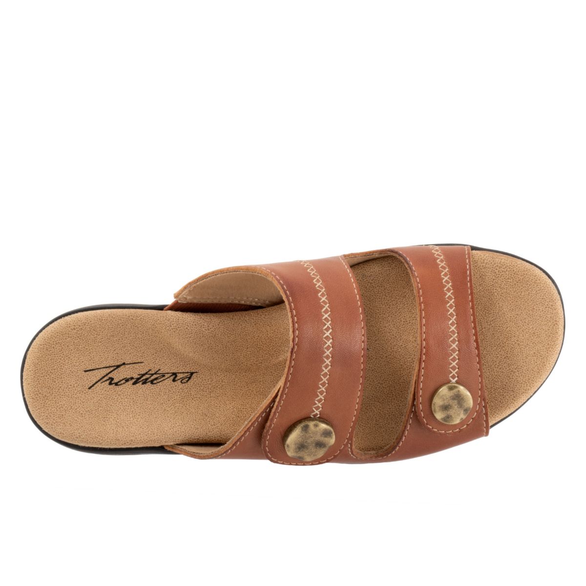 The Ruthie Stitch sandal has everything you love (fully adjustable straps, comfortable footbed) about the Ruthie sandal now with a stitch pattern on the straps topped off with a large ornament.