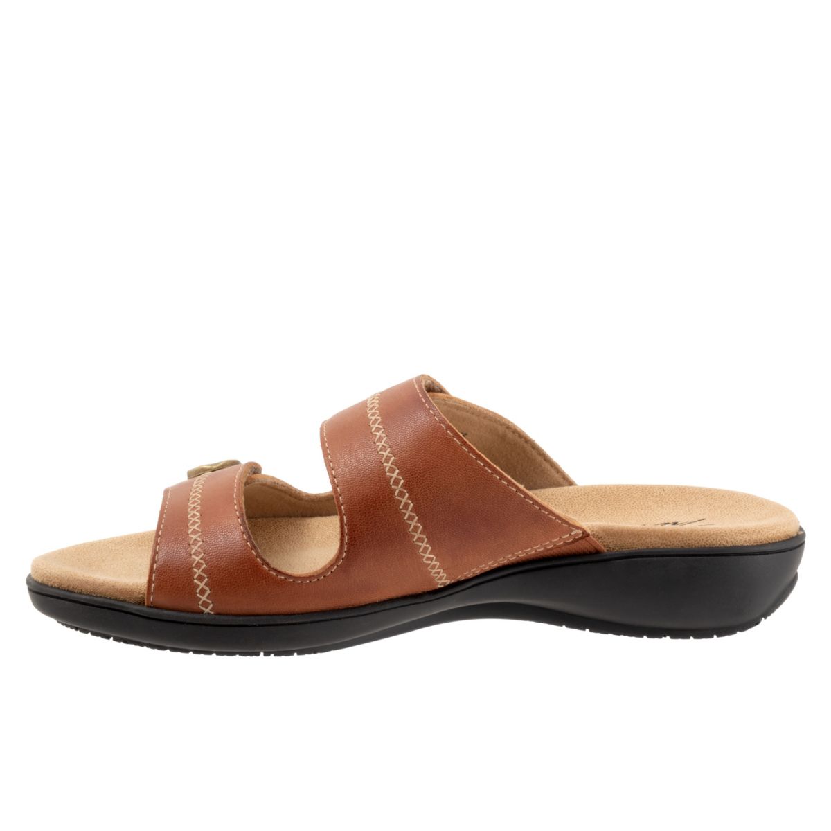 The Ruthie Stitch sandal has everything you love (fully adjustable straps, comfortable footbed) about the Ruthie sandal now with a stitch pattern on the straps topped off with a large ornament.