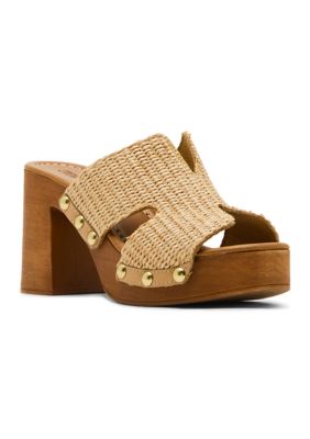 スタッズ【Steve Madden】プラットフォームサンダル Sunkissed SUNKISSED Brown Raffia Platform Block Heel Studded Women's