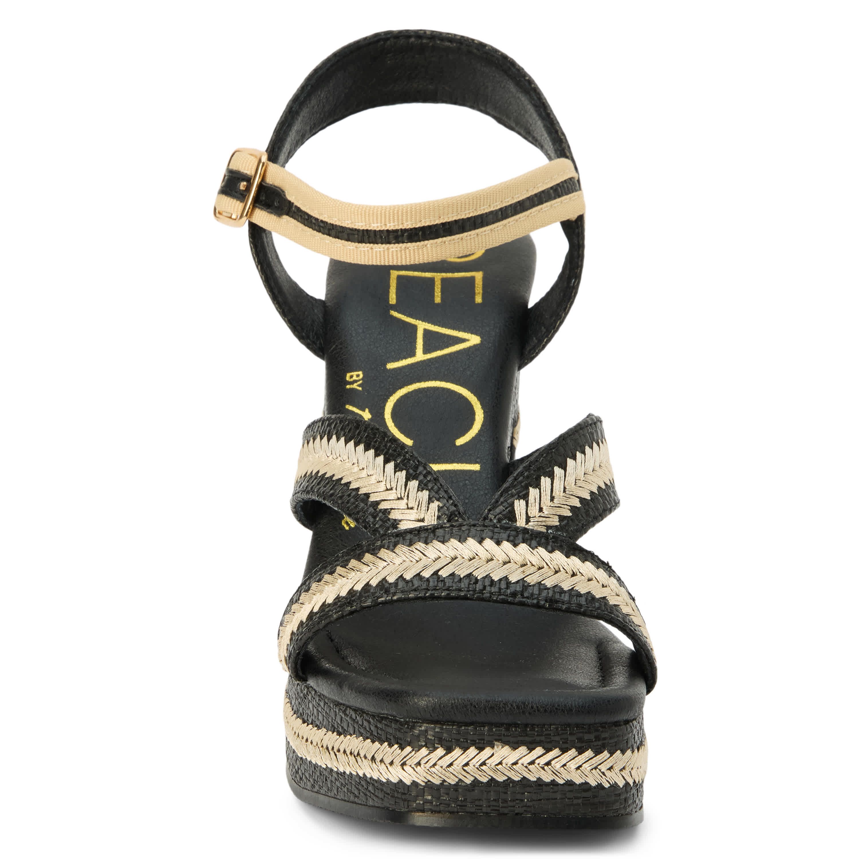Vegan, platformed heeled sandal with ankel strap.
