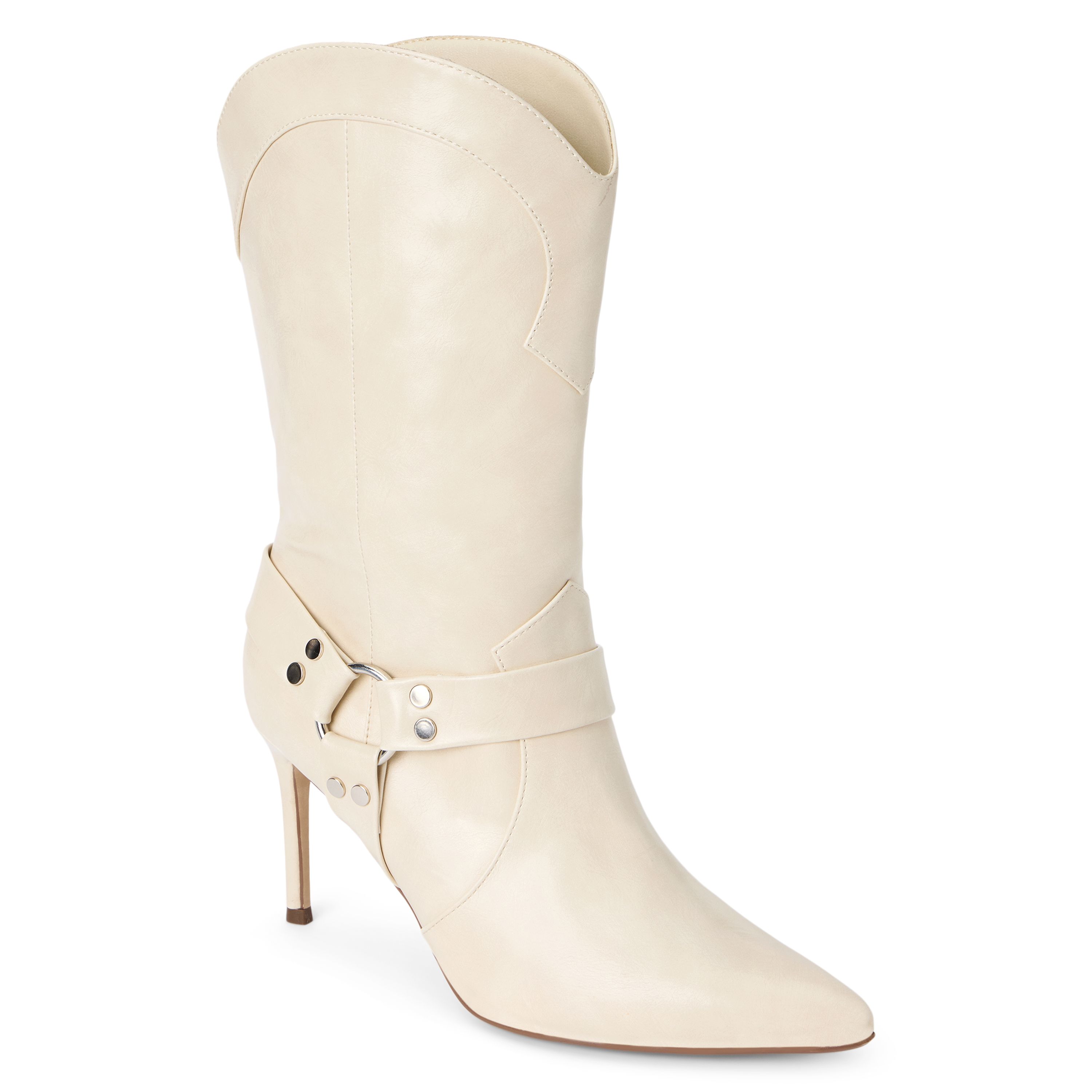 Vegan pointed toe stilhetto boot with harness detail.